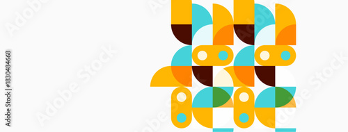 Abstract geometric shapes overlap, creating colorful pattern. Orange, teal, yellow, brown hues dominate composition. Minimalist design.