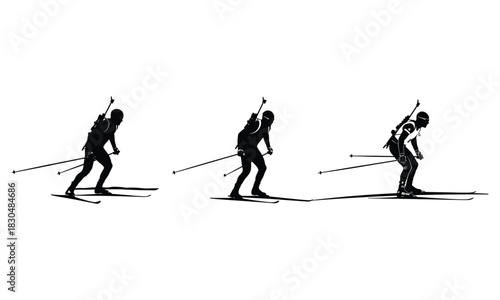 Three biathlon athletes in silhouette performing different stages of skiing and shooting silhouette