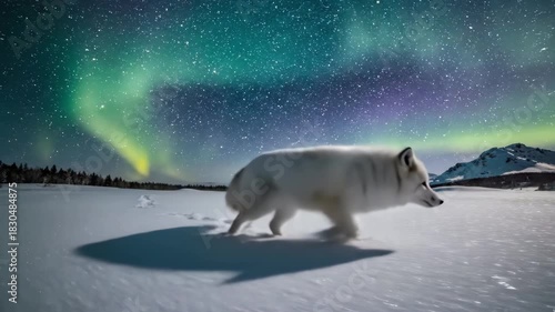 Arctic Fox Walking in Snow Under the Northern Lights and Starry Sky