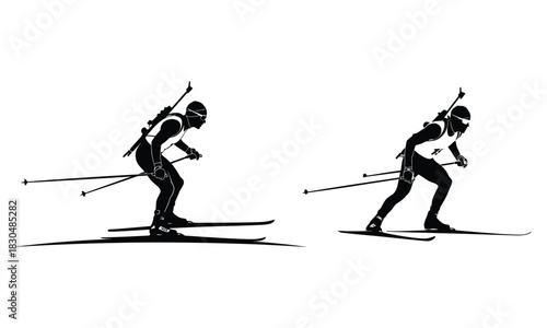 Two biathletes in silhouette skiing and preparing to shoot on white background silhouette