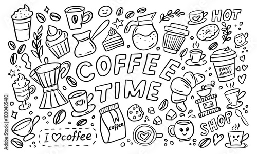 Playful black and white doodle set with coffee cups, beans, mugs, pots and decorative elements, ideal for cafe branding, menus and packaging.