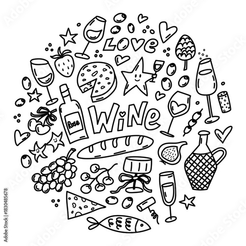 Black and white doodle composition with wine glasses, bottle, grapes, bread, cheese and small decorative icons arranged in a circle.