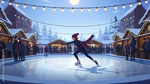 A person ice skating gracefully at a festive outdoor rink during winter.