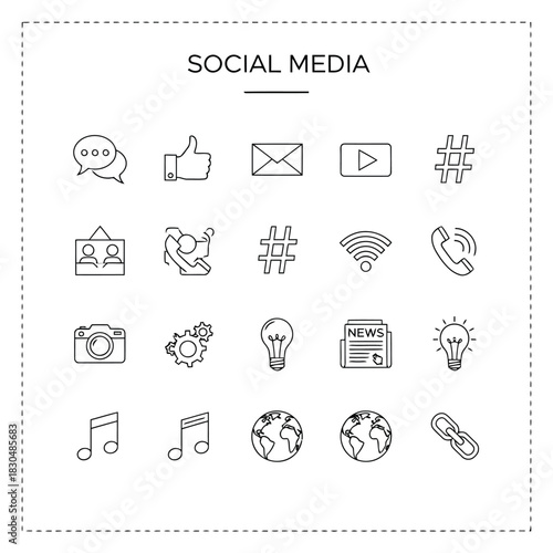Vector illustration of social media icons set, a collection of linear symbols representing various online platforms and communication tools for digital interaction