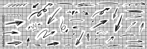 Creative scrapbook arrow set featuring messy scribble lines on torn paper. Arrow sketches, scrapbook accents, expressive scribble strokes and raw paper textures give a DIY feel.