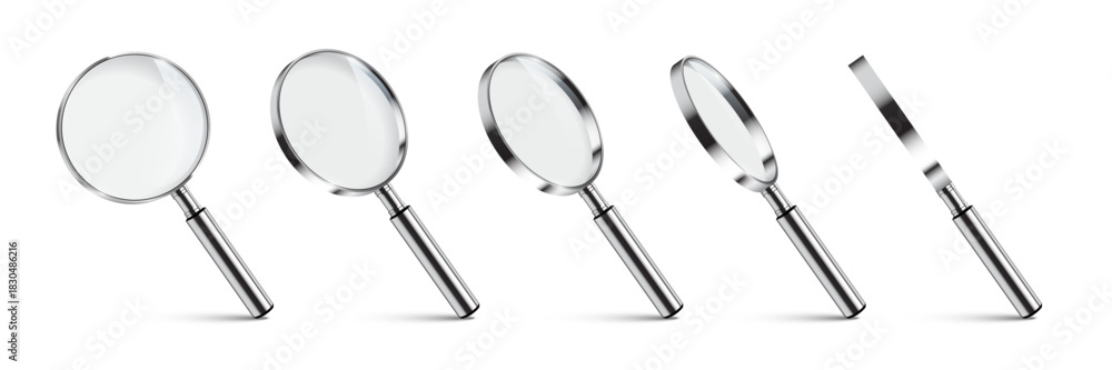Obraz premium Magnifying glass set of five silver handled lenses in different angles and positions. 3D detailed loupe icons for search, zoom, inspection, scientific study concepts. Realistic vector illustration