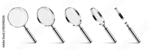 Magnifying glass set of five silver handled lenses in different angles and positions. 3D detailed loupe icons for search, zoom, inspection, scientific study concepts. Realistic vector illustration