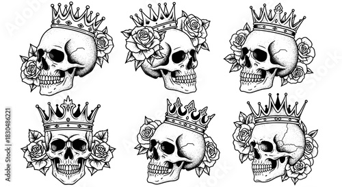 Set of Six Skulls with Crowns and Roses Tattoo Style.