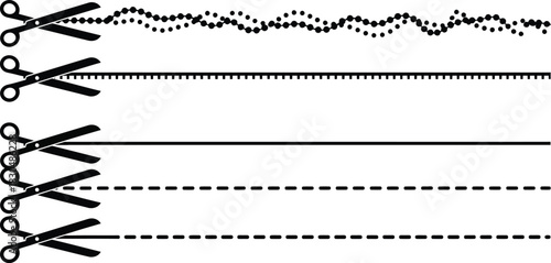 Cutting edge concepts Scissors cutting dotted, straight and dashed lines illustration for crafts and design projects