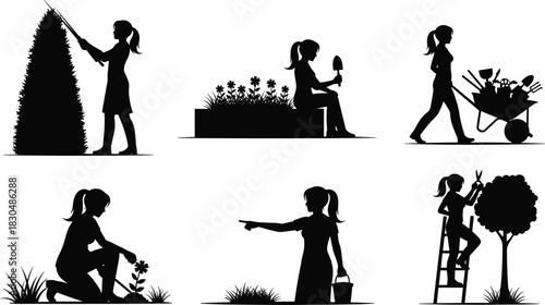 Gardening silhouette illustrations with ponytail, trimming, planting, watering, wheelbarrow, ladder pruning, flower bed and bush care poses