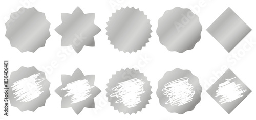 Set of scratch off layers of various shapes. Silver protective layer for instant lotteries, prize coupons and games. Stickers are intact and worn. Vector elements