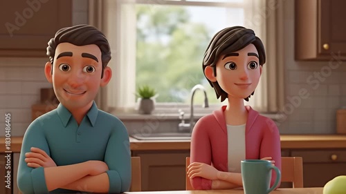 Animated couple in kitchen, 3D animation of a man and woman talking, cartoon characters in a domestic setting, happy couple in a modern kitchen, animated family scene.