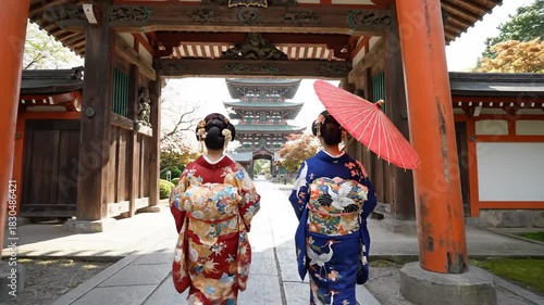 Two Geishas in Traditional Kimonos Walking Through a Japanese Temple Gate.
