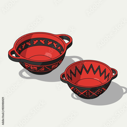 Decorative clay cooking vessels with intricate patterns in red and black color