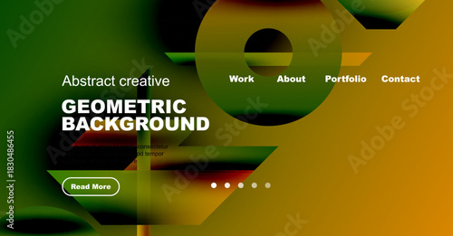 Abstract website header design. Geometric shapes, vibrant colors, navigation menu present. Includes read more button, dots indicator.