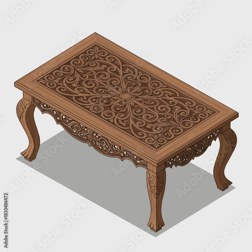 Detailed Carved Wooden Coffee Table Isometric View Graphic Illustration