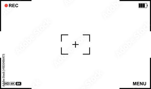 Minimal camera viewfinder interface with recording indicators, focus marks, battery status, and resolution icons. Clean empty frame design suitable for video production, filming concepts