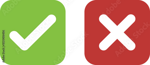 Minimalist green check mark and red cross icons on rounded square backgrounds, perfect for UI design, approval indicators, error messages, and modern digital interfaces. check mark icon.