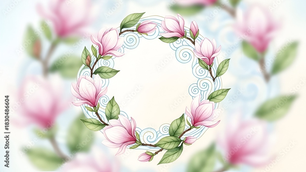 Fototapeta premium Beautiful watercolor magnolia flower wreath with delicate pink blossoms and green leaves on a soft blue background, an Ethereal Bloom Design