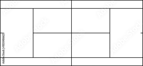 Minimalist schematic illustration of a tennis court featuring precise court lines and structured proportions, ideal for sport-related graphics and instructional content. Tennis court layout. Tennis