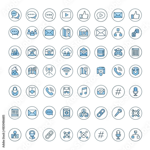 Vector illustration of collection of 49 unique blue line icons representing various communication, social media, and technology concepts