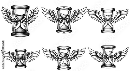 Set of Six Winged Hourglass Illustrations Symbolizing Time Flying Away.