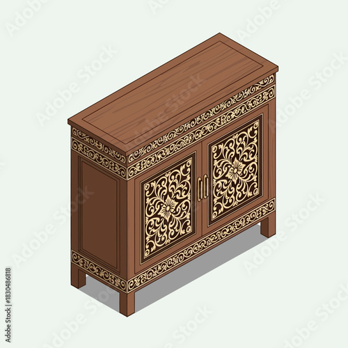 Isometric Illustration of an Ornate Wooden Cabinet with Floral Details