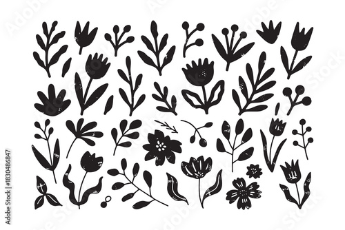 Artistic floral design featuring delicate brushstroke flowers in vibrant red green blue and yellow hues with elegant typography elements