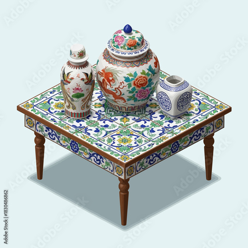 Isometric vector illustration of Chinese vases on tiled table decor