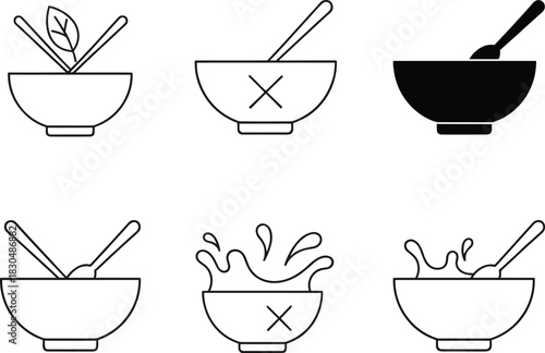 Food bowl icons, cooking silhouette set, mixing utensils, chopsticks and spoon symbols, black kitchen vector, culinary design elements, meal preparation
