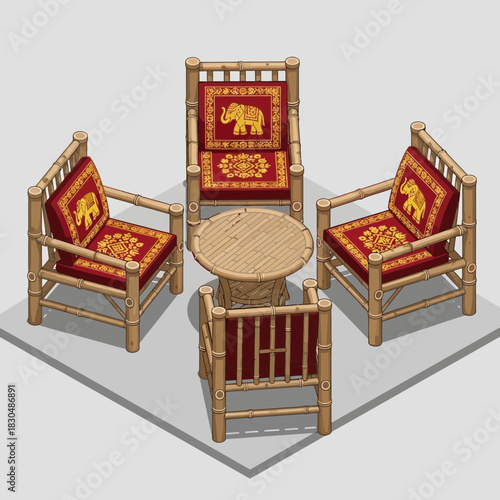 Isometric view of bamboo furniture set with elephant design cushions