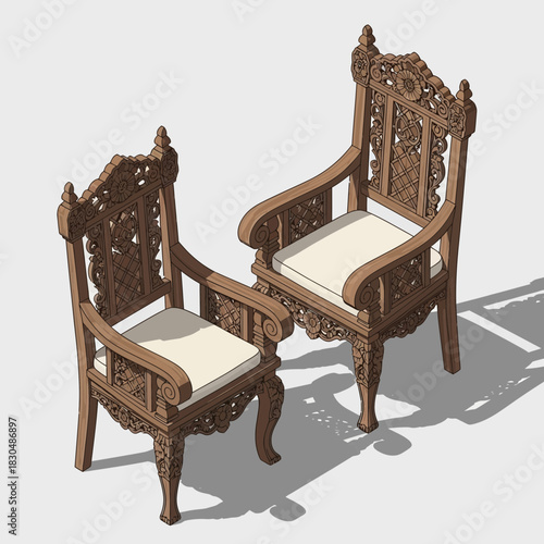 Isometric view of carved armchairs with cushioned seats against plain backdrop