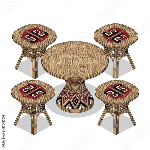 Stylized rendering of a wicker table set with geometric motif details