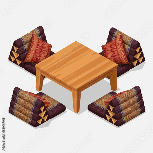 Traditional Thai Seating Arrangement Featuring Cushions and a Low Table