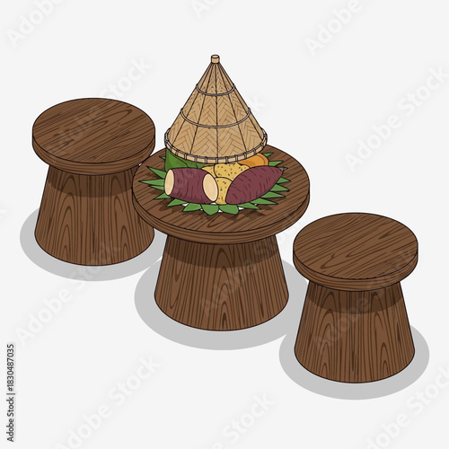 Whimsical still life with conical basket and sweet potatoes on wooden table