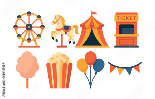 Carnival fun elements, flat vector illustration with fair icons and amusement park