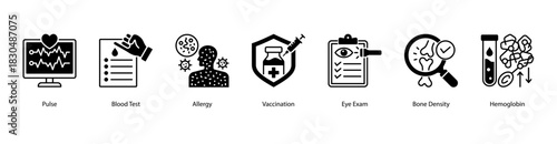 Laboratory Health Indicators web banner icon vector illustration featuring Pulse, Blood Test, Allergy, Vaccination, Eye Exam, Bone Density, and Hemoglobin for essential medical metrics.