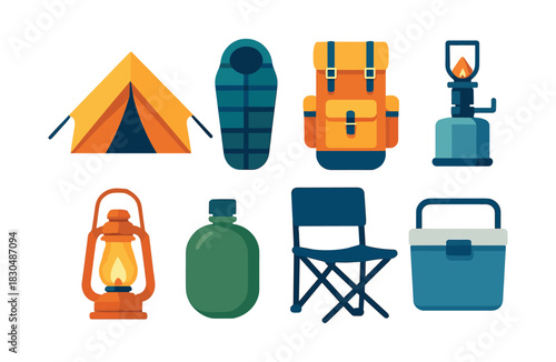 Camping gear vector illustration, backpack, lantern, flat vector style