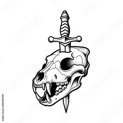 Skull of a wild animal pierced by a dagger illustration.