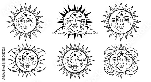 Celestial bodies with human faces sun and moon mystical symbols.