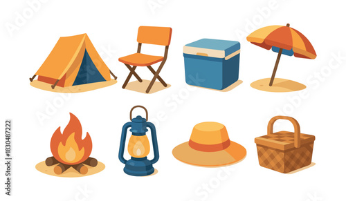 Camping gear essentials, flat vector illustration, tent, lantern, picnic basket