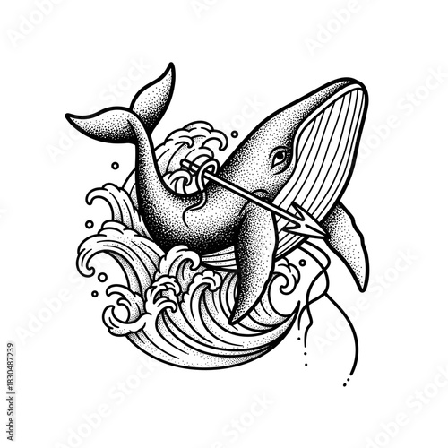 Whale pierced by an arrow in the ocean waves.
