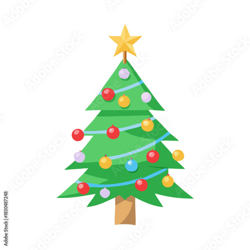 A decorated Christmas tree with star and colorful ornaments