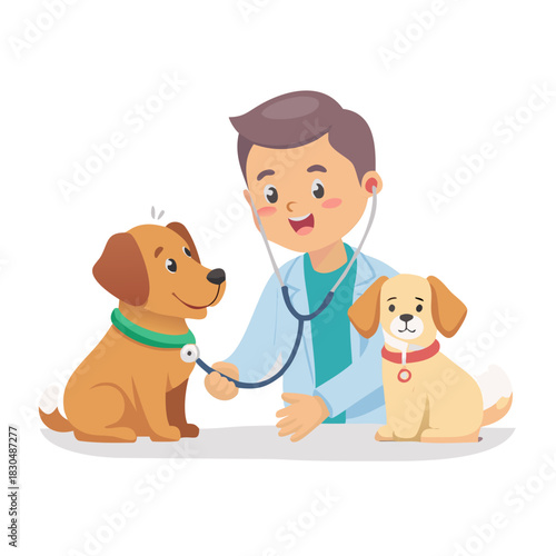 Cartoon veterinarian examining two happy dogs in a clinic