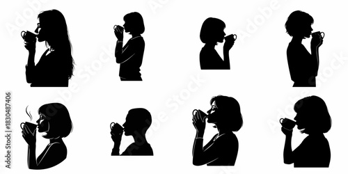 Collection of eight black silhouettes of women and people enjoying hot beverages, drinking from mugs or cups, isolated on a white background.
