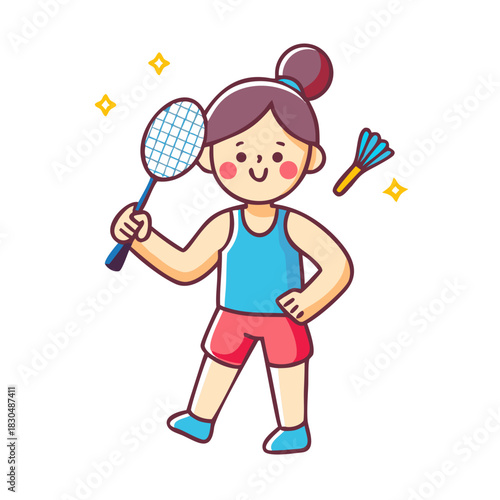 Cartoon Athlete with Badminton Racket and Shuttlecock