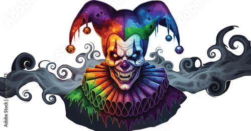 Here’s your SEO-optimized metadata set for Adobe Stock, Ashik—designed for the skeletal clown with rainbow jester hat, multicolored collar, and swirling smoky mist: