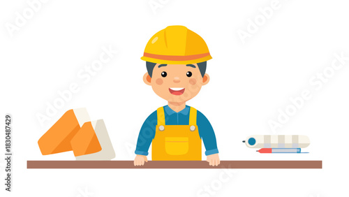 A smiling young constructor wearing a yellow hardhat and uniform