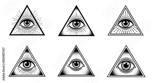 Collection of six all seeing eye symbols in triangles.