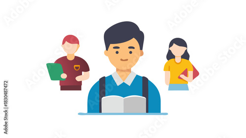 Young student reading a book with two other classmates